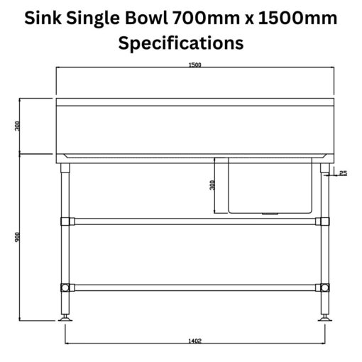stainless steel sink 700mm x 1500mm single bowl