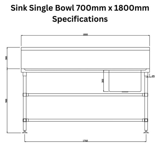 stainless steel sink 700mm x 1800mm single bowl