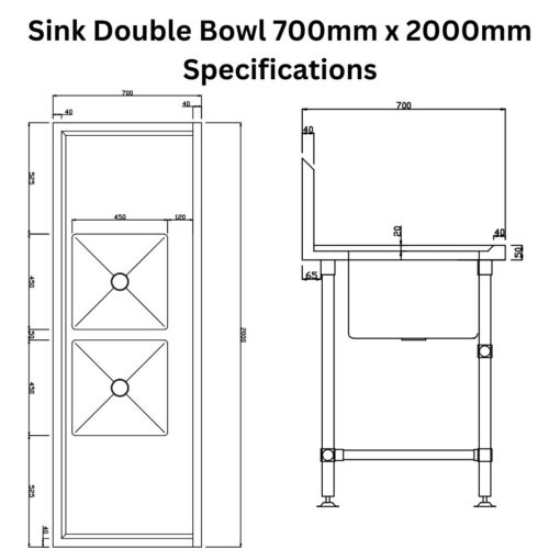 stainless steel sink 700mm x 2000mm double bowl