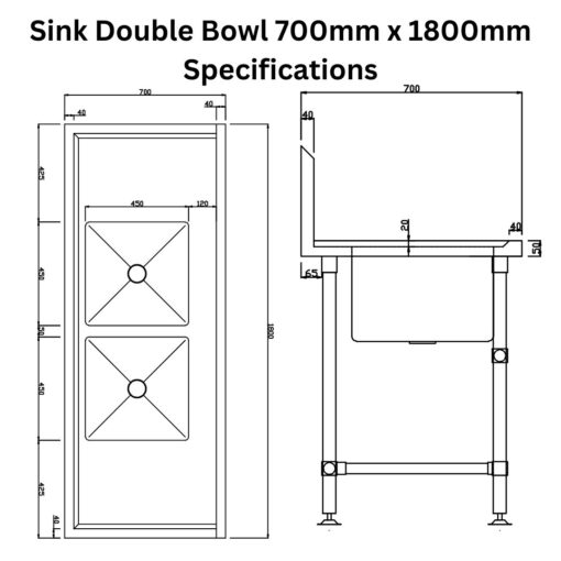 stainless steel sink 700mm x 1800mm double bowl