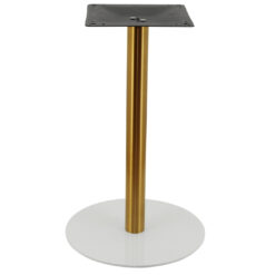 circular steel dining table in gloss white with stainless steel gold finish pole