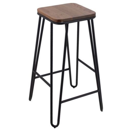Tall Square Hairpin Stool in Black with Timber Seat